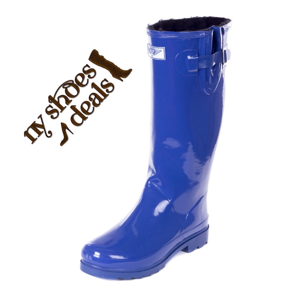 Women's Rain Boots w/ Faux Fur Lining Blue, Rubber Wellies Rainboots - Picture 1 of 3